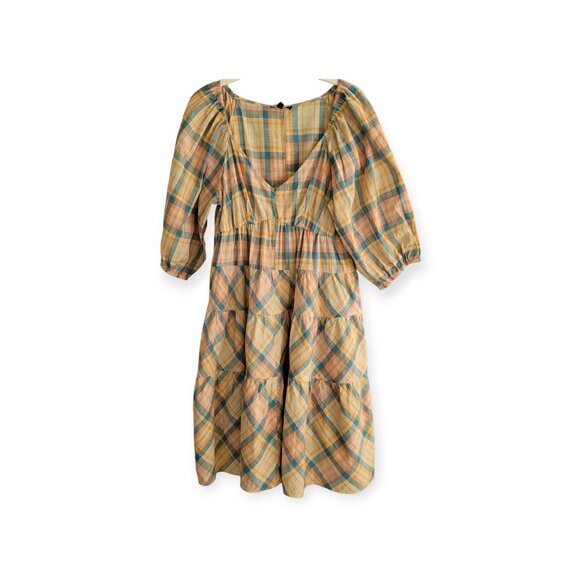 Drew Plaid Cotton Puff Sleeve Dress Size S NWT - Picture 2 of 10
